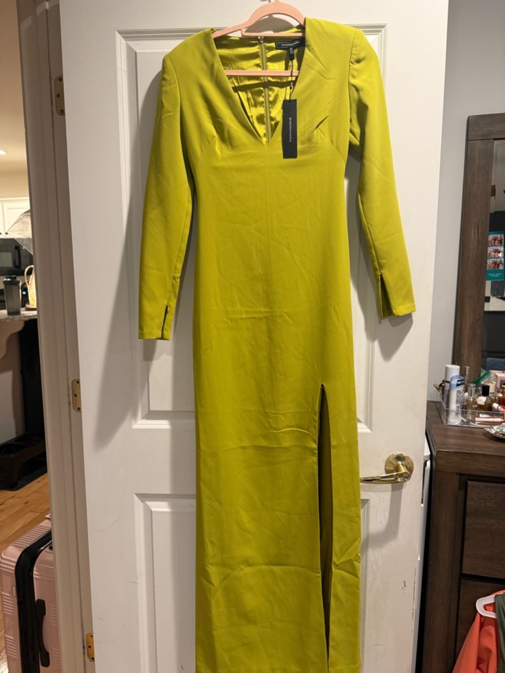 BCBGMaxAzria Lime Green Long Sleeve V-Neck Gown with Front Slit